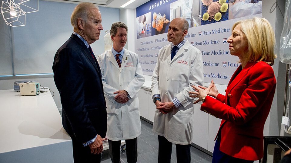 Former Vice President Joe Biden with Penn Medicine’s Drs. Bruce Levine and Carl June and Penn President Dr. Amy Gutmann.