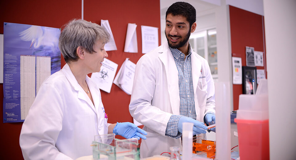 Veluvolu spent the entire summer after his second year in Dr. Nicola Mason’s (at left) translational research lab assisting with several tasks on her CAR T cell study.