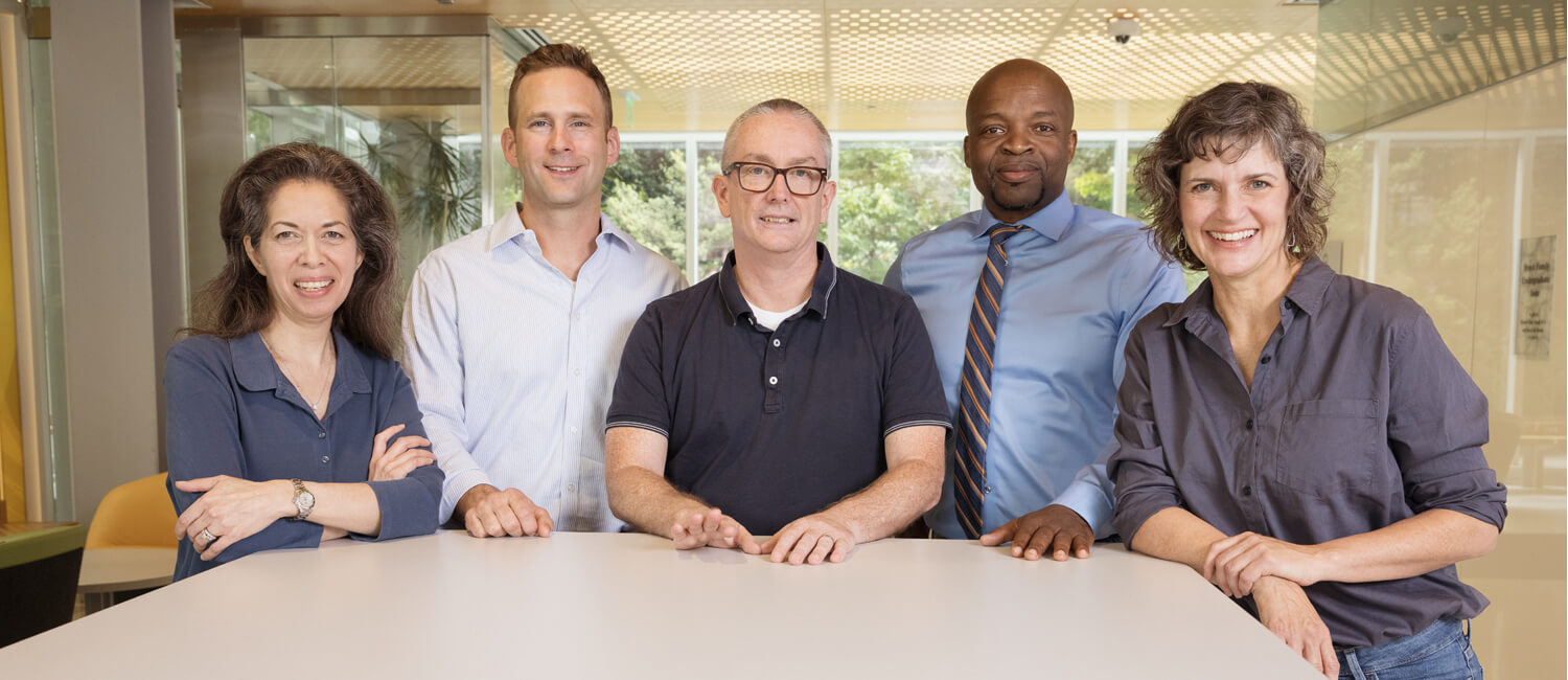 The new Institute for Infectious and Zoonotic Diseases will be led by director Christopher Hunter (center) and associate directors (from left) Lisa Murphy, Dan Beiting, De’Broski Herbert, and Julie Ellis. (Image: Lisa Godfrey)
