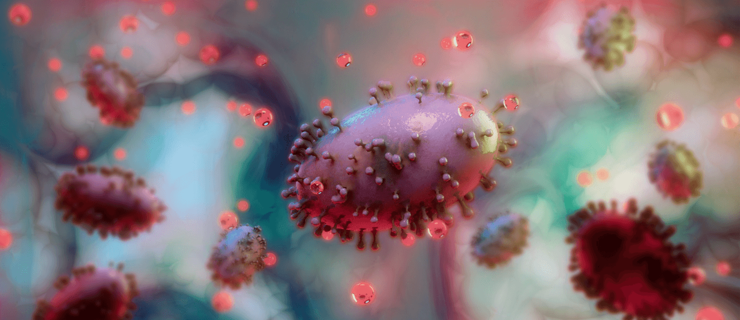 A 3D rendering of the mpox virus, a viral disease that can spread between people and certain animals.