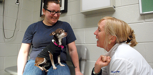 Dr. Karin Sorenmo (r) with Brownie, a shelter dog that was treated through the Shelter Canine Mammary Tumor Program