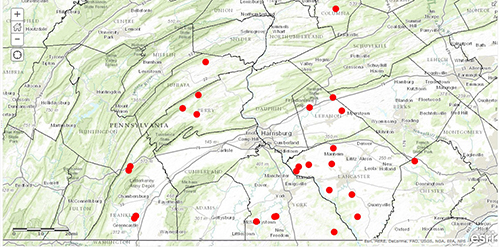 A Pennsylvania Regional Control Program map, which pinpoints locations where pigs have tested positive for disease