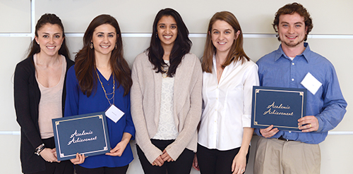 (From left) The 2015 winners are Christiana Fischer, V’17, Katherine Very, V’17, Meghana Pendurthi, V’17, Ashley Cherry, V’17, and Jonathan Madara, a 6th-year VMD-PhD student.