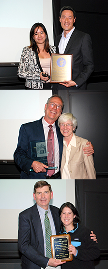 (Top) Dr. Mark Oyama receives the Zoetis Distinguished Teacher Award from SCAVMA president Talia Wong. (Middle) Dr. James "Sparky" Lok receives the Dean's Distinguished Service Award from Vet Dean Joan Hendricks. (Bottom) Dr. Nicole Scherrer receives the William B. Boucher Award from Dr. Ray Sweeney.