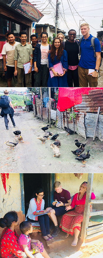(Top) field site visit with Penn students, CMDN staff, and community members. (Middle) Jadibuti free-range ducks and temporary structures. (Bottom) Manisha Bista from CMDN and James Ferrara surveying a family in Panauti.