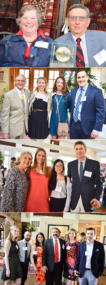 (Top) Dr. Ray Hostetter, V’69, pictured with his wife, Jane, received the inaugural OS Founders Award, which recognizes Penn Vet alumni who have had profound impact on the OS Program. (Second down, left to right) Dr. James Stewart, V’68, pictured with OS students Kaitlyn Moss, V’21; Erika Klemp Pilon, V’19; and Patrick Pilon, V’19. (Third down, left to right) Dr. Patricia Sertich, V’83, with Chandler Navara, V’21; Lisa Wu, V’21; and Denis O’Flynn O’Brien, guest of Dr. Sertich. (Center) Dr. Lindsay Shreiber, EE’84, V’96, with (left to right) Emily Goodell, V’18; Daniel Bruce (guest); Elisabeth Hasslacher, C’84; Elizabeth Snyder, V’21; and Matt Charman (guest).