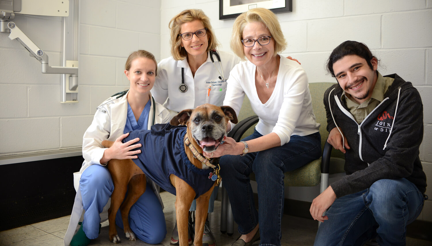 Penn Vet cardiology resident Dr. Alexandra Crooks (left) and cardiologist Dr. Anna Gelzer (second to left) led the care for Sophie, the beloved pet of Karen Cortellino, pictured with her son Alex Peña.