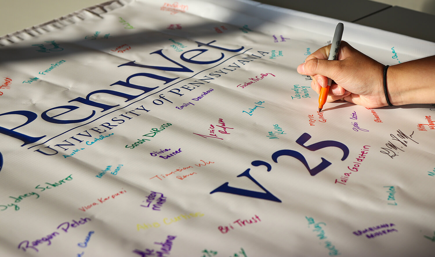 A student signs the Class banner that will hang in the student lounge.