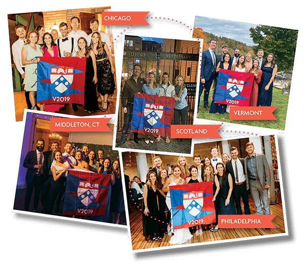 Photo collage of alumni holding flag photos around the world.