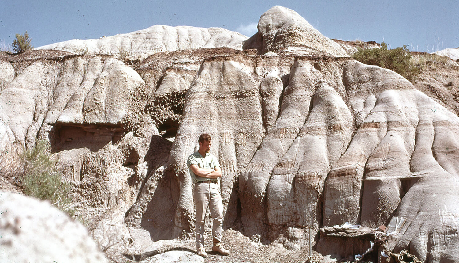Alberta’s Dinosaur Provincial Park loomed large for Peter Dodson, shown there as a student in the late 1960s. He completed research there for his master’s degree and has returned repeatedly for additional fieldwork during his career. (Image: Courtesy of Peter Dodson)