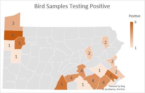 Map of Pennsylvania showing counties with positive tests