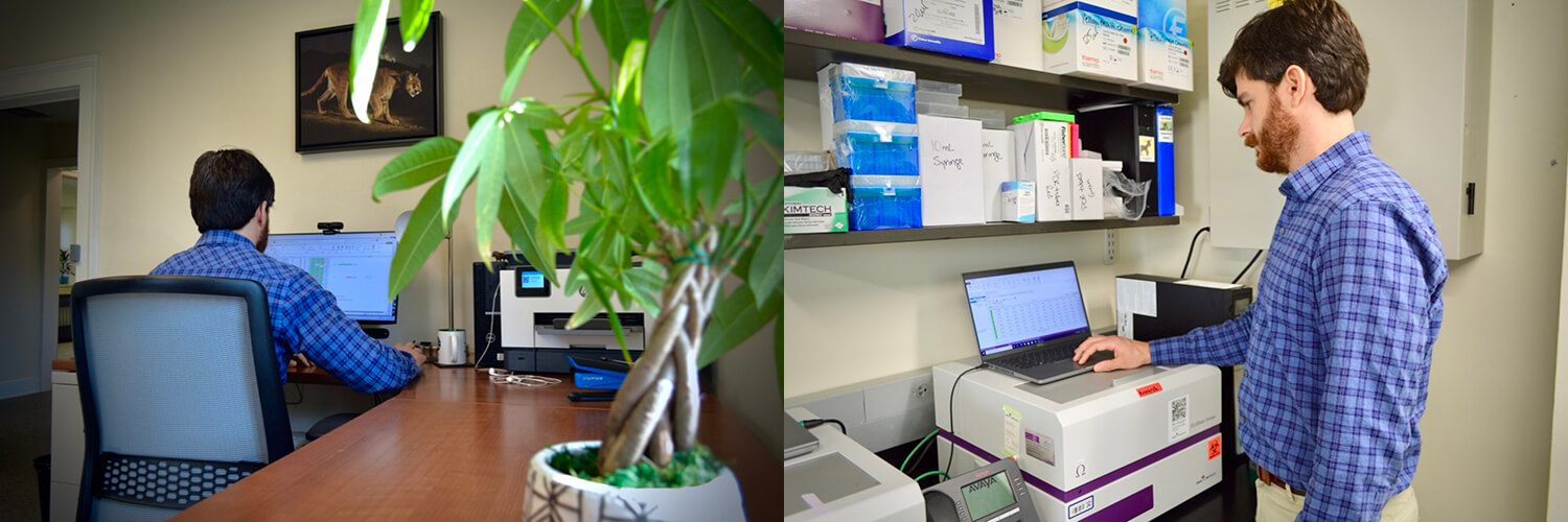 Photos of Dr. Gagne at his desk (left) and in his lab (right).
