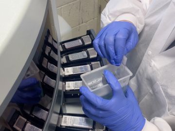A person with gloves on putting a sample into a machine.