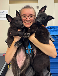 Volunteer Sarah holding two dutchie puppies
