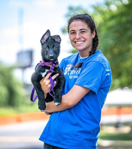 A person in a blue shirt holding a black dog