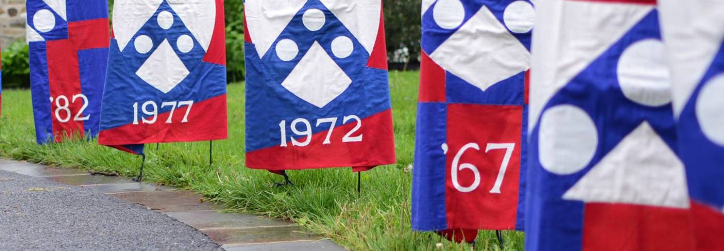 Red, white, and blue Penn Vet flags in the ground.
