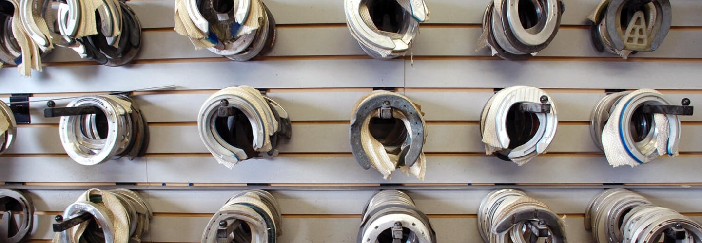 A row of horse shoes hanging on a wall.