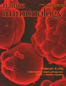 Journal cover for reference #6 depicting rainbow trout phagocytic B cells