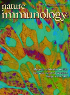 Journal cover for reference #17 depicting lgT B cells in hte gut of rainbow trout