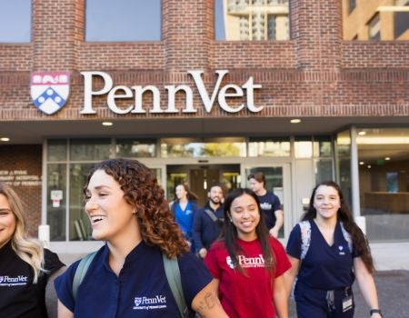 a group of people walking in front of the penn vet building