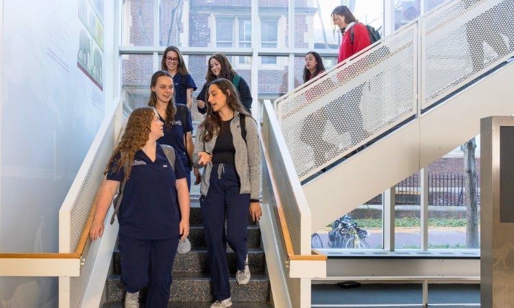 Students in scrubs walking down the steps.