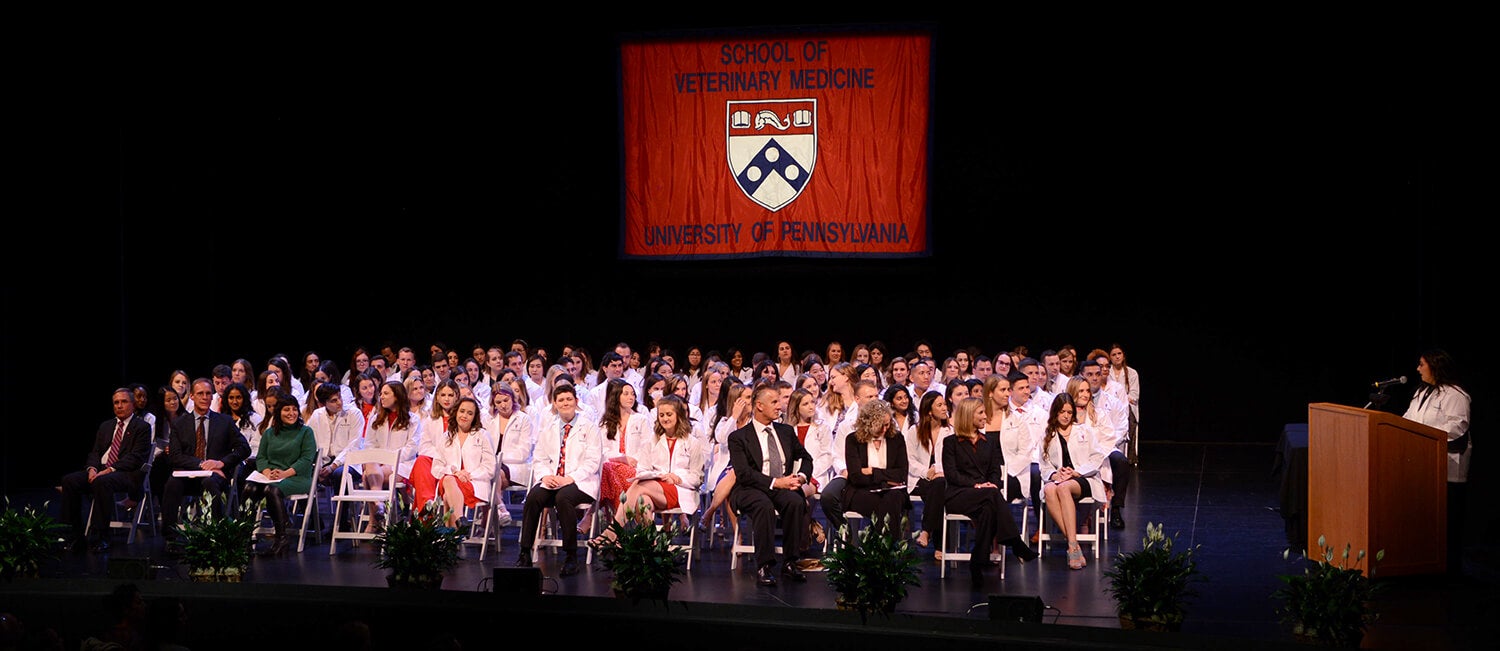 A group of people on a stage for the white coat ceremony.