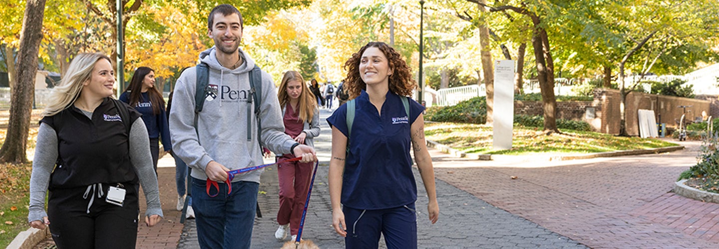 Students walking a dog outside.