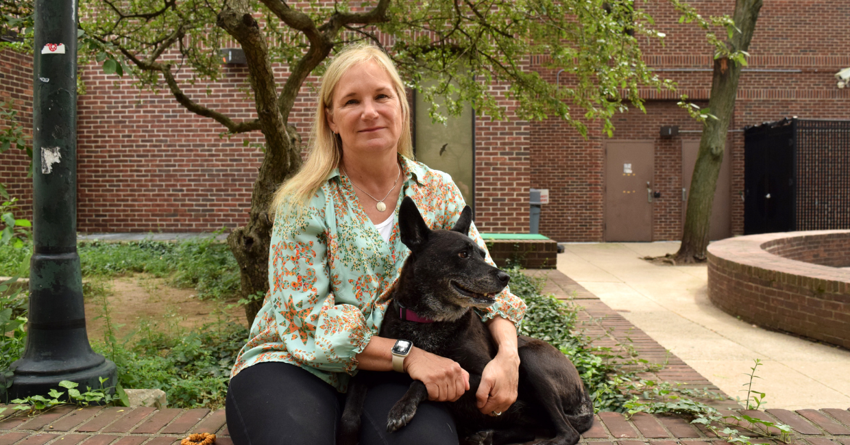 A person sitting on a brick wall with their dog