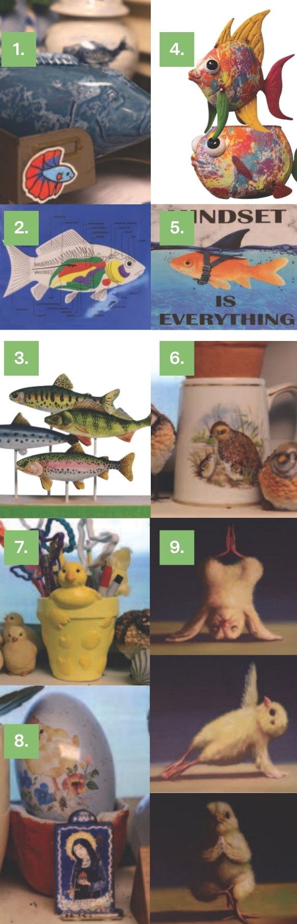 A group of fish and ducks in an office.